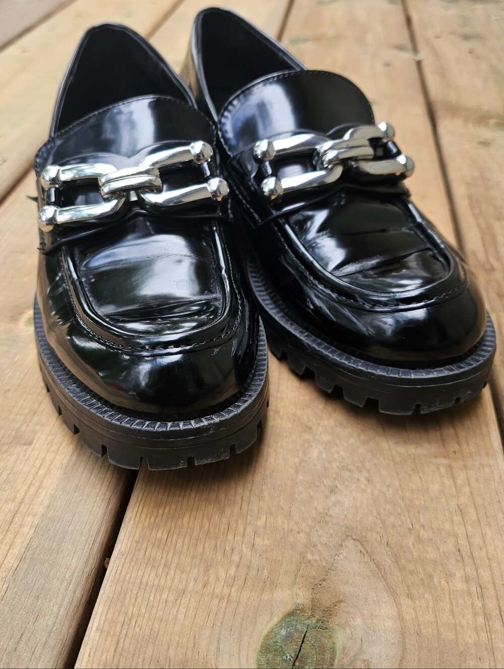 Zara Black Patent Chain-Trim Women's Loafers